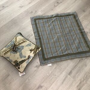 NWT Eastern Accents Plaid and Airplane Pillow Set 14” AND Euro Square Green Blue